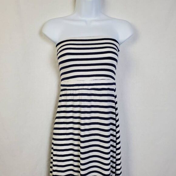 Old Navy Women’s Strapless Maxi Dress Size Small Navy White Stripe with Coral He - Picture 2 of 6